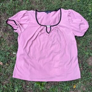 Pink Puff Sleeve Blouse Black Contrast Trim Coquette Officecore Top XL
